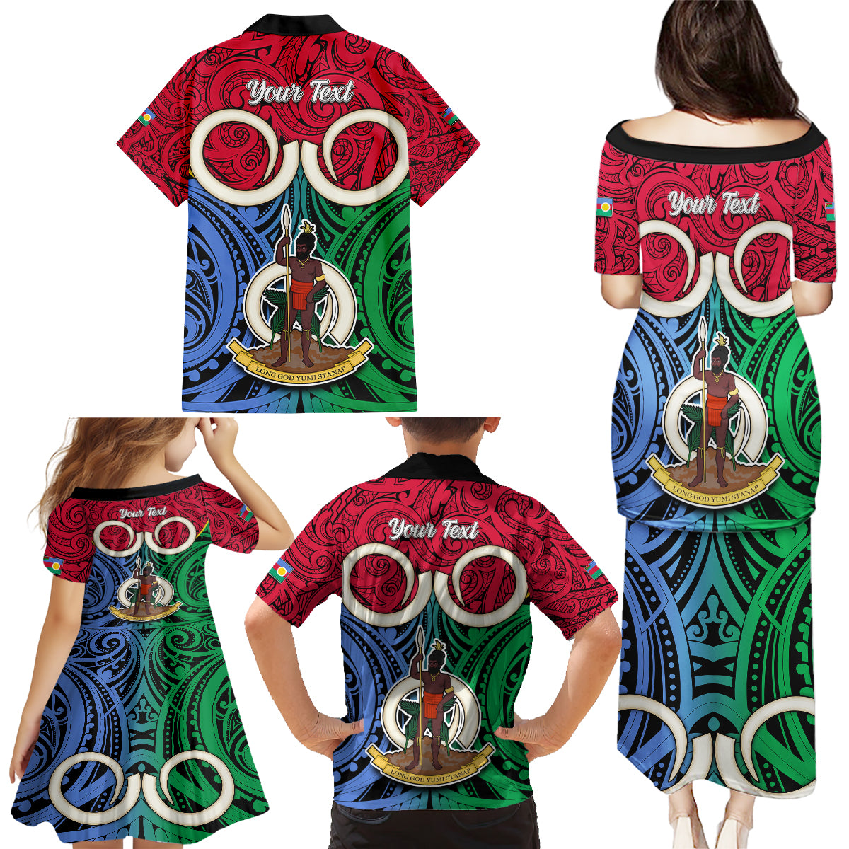 Personalised Vanuatu Shefa Province Family Matching Puletasi Dress and Hawaiian Shirt Pig Tusk Mix Maori Pattern and Namele Leaf LT03 - Polynesian Pride