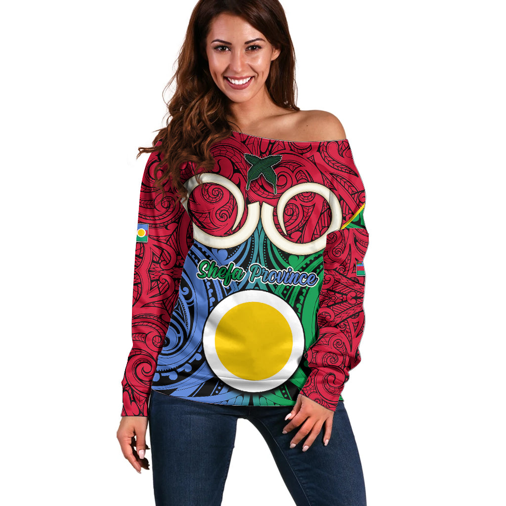 Personalised Vanuatu Shefa Province Off Shoulder Sweater Pig Tusk Mix Maori Pattern and Namele Leaf LT03 Women Red - Polynesian Pride
