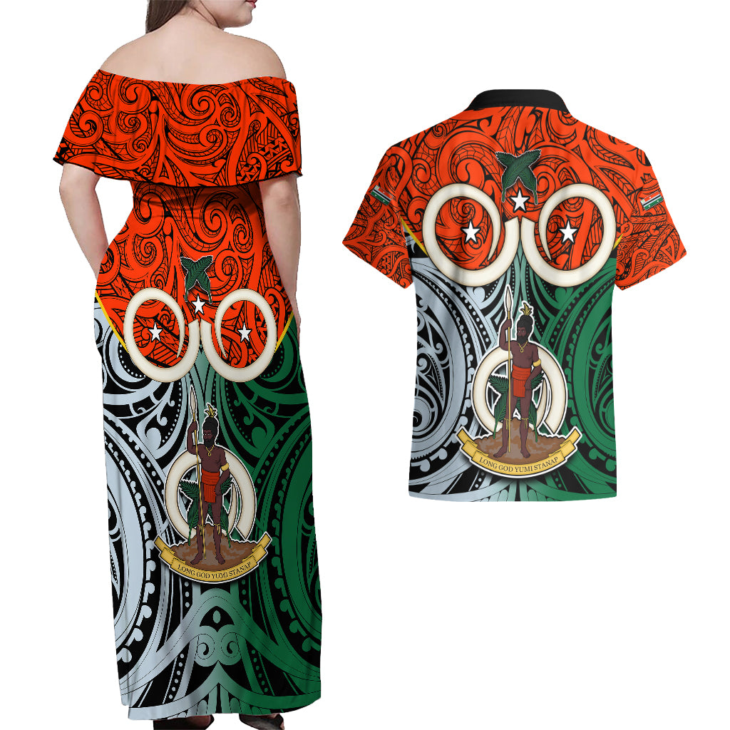 Vanuatu Penama Province Couples Matching Off Shoulder Maxi Dress and Hawaiian Shirt Pig Tusk Mix Maori Pattern and Namele Leaf LT03 - Polynesian Pride