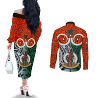 Vanuatu Penama Province Couples Matching Off The Shoulder Long Sleeve Dress and Long Sleeve Button Shirts Pig Tusk Mix Maori Pattern and Namele Leaf LT03 - Polynesian Pride