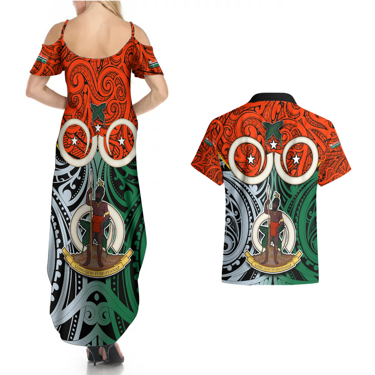 Vanuatu Penama Province Couples Matching Summer Maxi Dress and Hawaiian Shirt Pig Tusk Mix Maori Pattern and Namele Leaf LT03 - Polynesian Pride