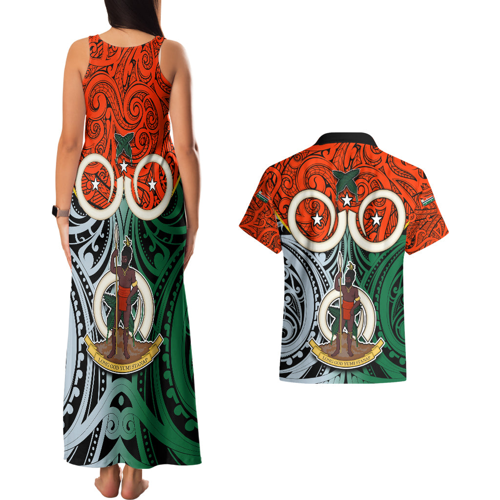 Vanuatu Penama Province Couples Matching Tank Maxi Dress and Hawaiian Shirt Pig Tusk Mix Maori Pattern and Namele Leaf LT03 - Polynesian Pride