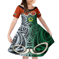 Vanuatu Penama Province Family Matching Mermaid Dress and Hawaiian Shirt Pig Tusk Mix Maori Pattern and Namele Leaf LT03 Daughter's Dress Orange - Polynesian Pride