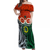 Vanuatu Penama Province Off Shoulder Maxi Dress Pig Tusk Mix Maori Pattern and Namele Leaf LT03 Women Orange - Polynesian Pride