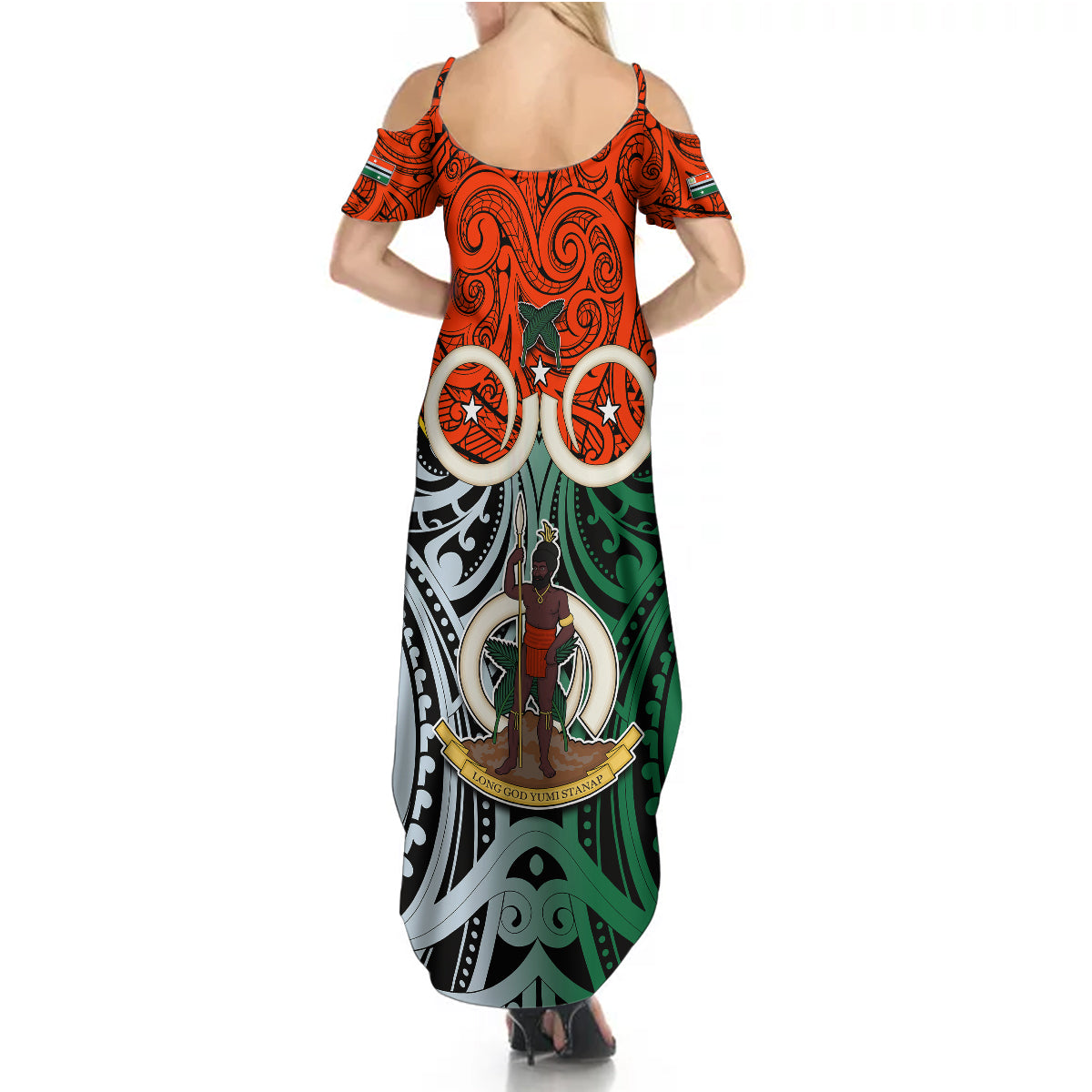 Vanuatu Penama Province Summer Maxi Dress Pig Tusk Mix Maori Pattern and Namele Leaf LT03 - Polynesian Pride