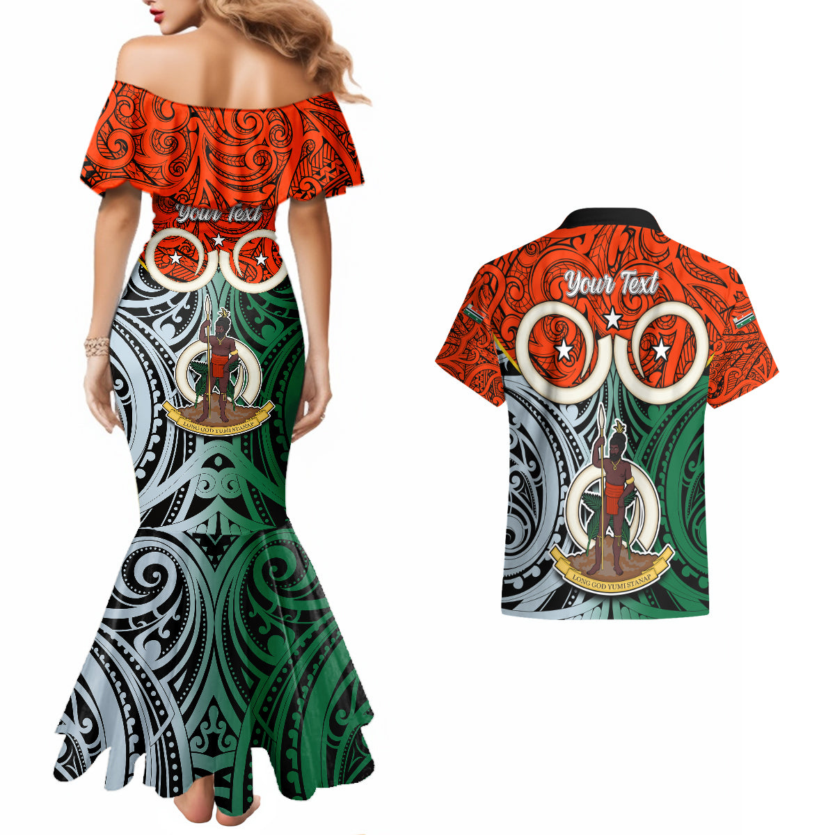 Personalised Vanuatu Penama Province Couples Matching Mermaid Dress and Hawaiian Shirt Pig Tusk Mix Maori Pattern and Namele Leaf LT03 - Polynesian Pride