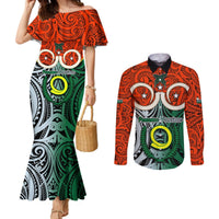 Personalised Vanuatu Penama Province Couples Matching Mermaid Dress and Long Sleeve Button Shirts Pig Tusk Mix Maori Pattern and Namele Leaf LT03 Orange - Polynesian Pride