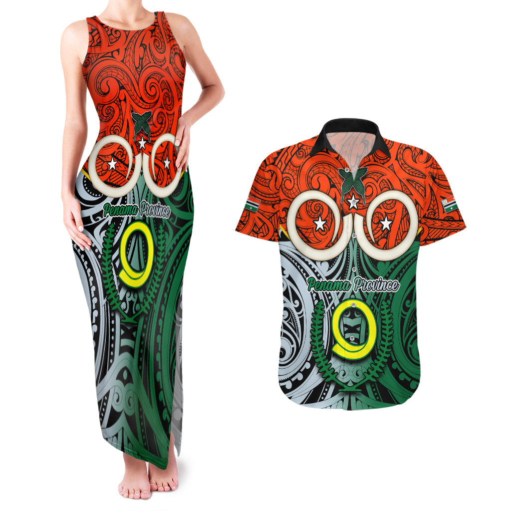 Personalised Vanuatu Penama Province Couples Matching Tank Maxi Dress and Hawaiian Shirt Pig Tusk Mix Maori Pattern and Namele Leaf LT03 Orange - Polynesian Pride