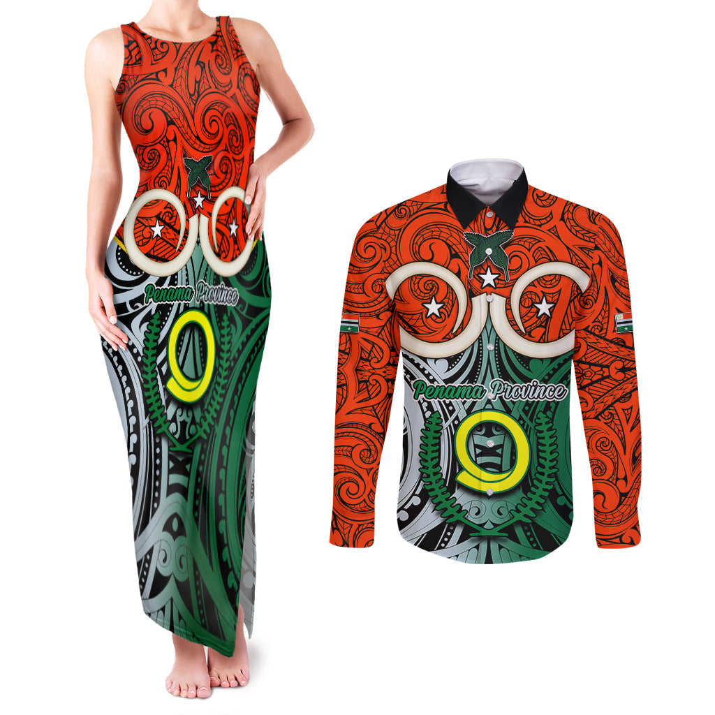 Personalised Vanuatu Penama Province Couples Matching Tank Maxi Dress and Long Sleeve Button Shirts Pig Tusk Mix Maori Pattern and Namele Leaf LT03 Orange - Polynesian Pride