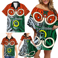 Personalised Vanuatu Penama Province Family Matching Off Shoulder Short Dress and Hawaiian Shirt Pig Tusk Mix Maori Pattern and Namele Leaf LT03 - Polynesian Pride