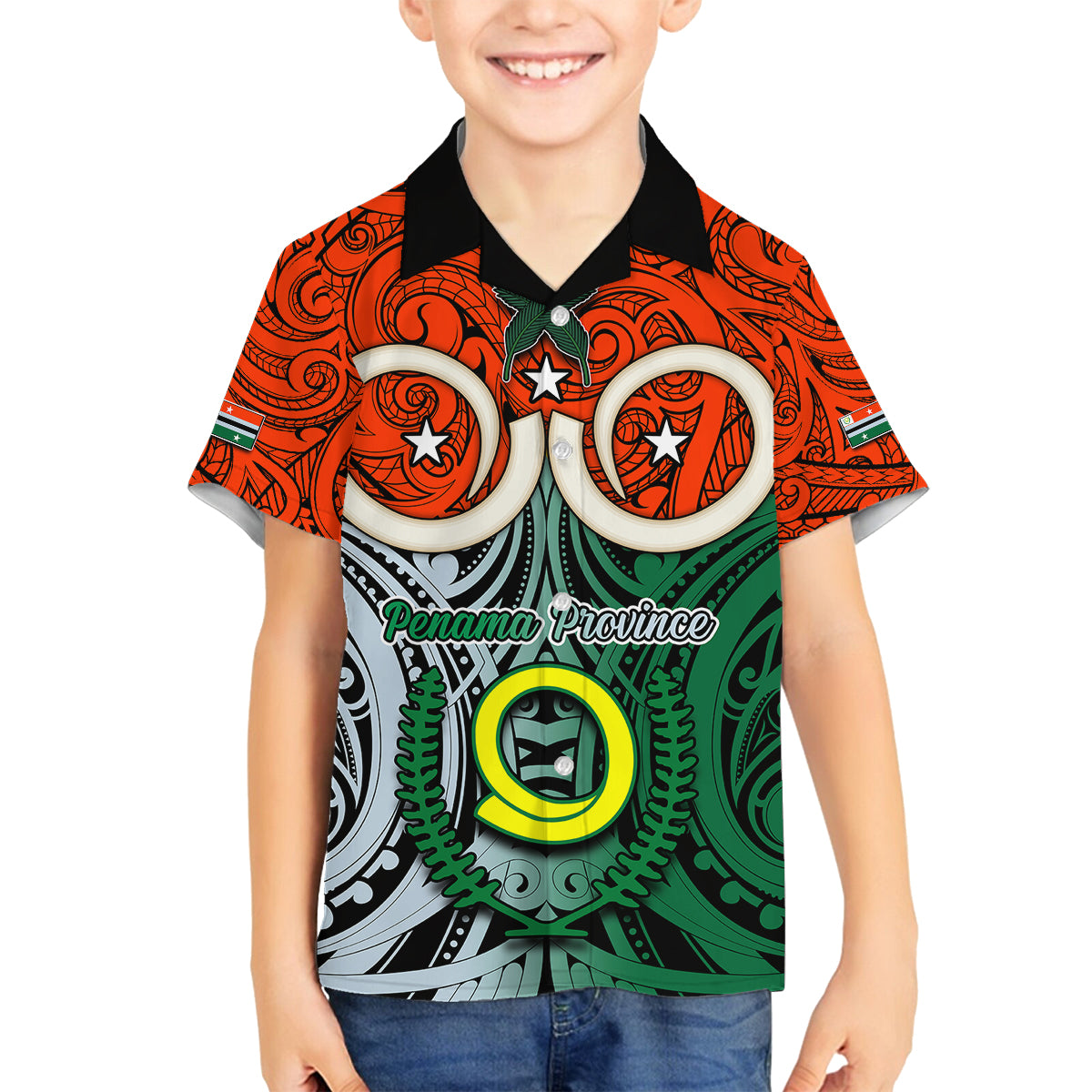 Personalised Vanuatu Penama Province Family Matching Summer Maxi Dress and Hawaiian Shirt Pig Tusk Mix Maori Pattern and Namele Leaf LT03 Son's Shirt Orange - Polynesian Pride