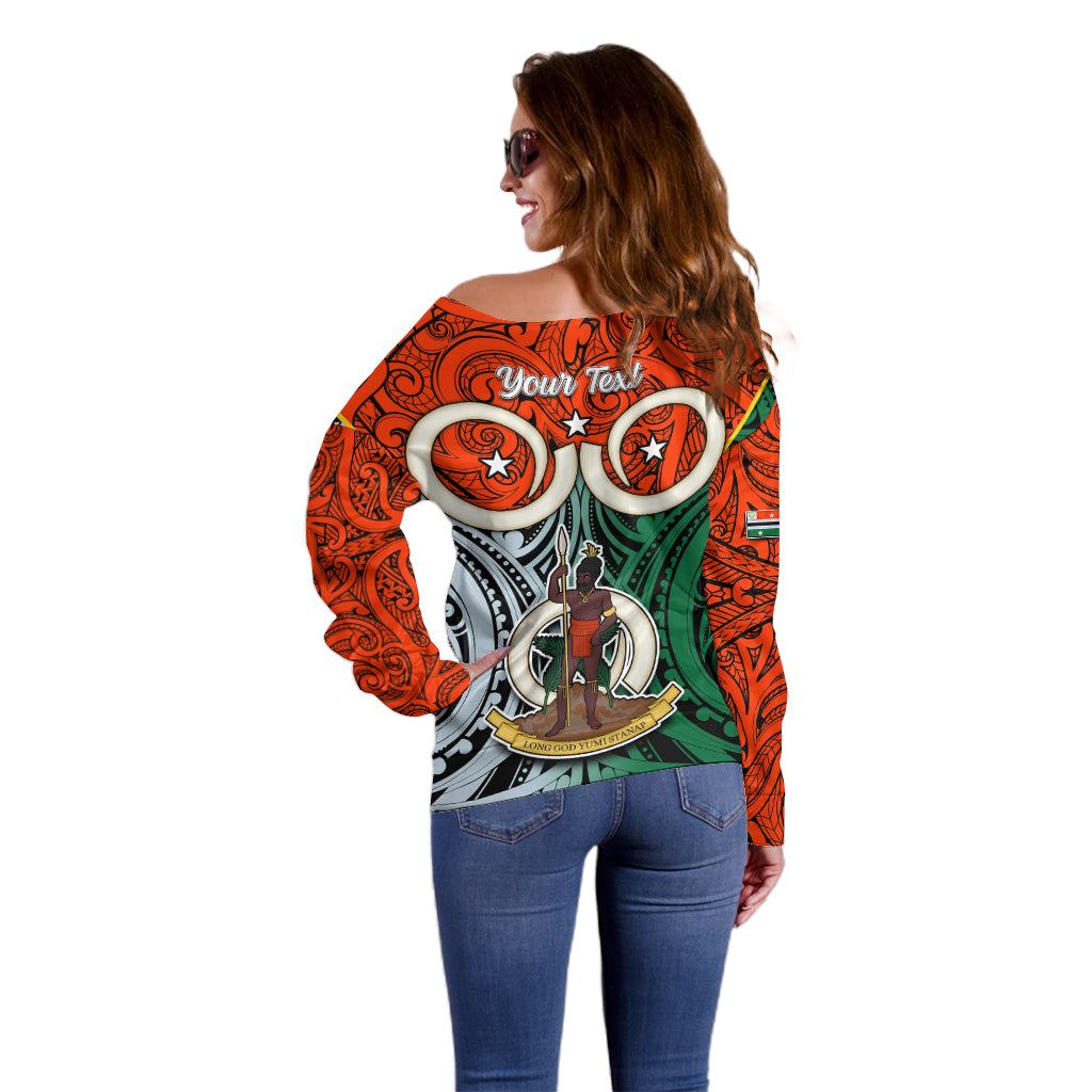 Personalised Vanuatu Penama Province Off Shoulder Sweater Pig Tusk Mix Maori Pattern and Namele Leaf LT03 - Polynesian Pride