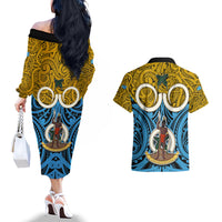 Vanuatu Sanma Province Couples Matching Off The Shoulder Long Sleeve Dress and Hawaiian Shirt Pig Tusk Mix Maori Pattern and Namele Leaf LT03 - Polynesian Pride
