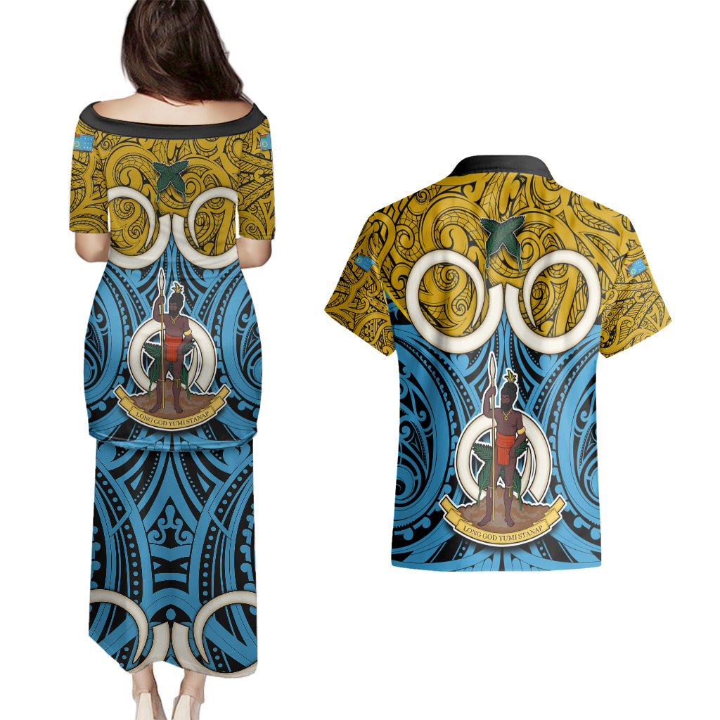 Vanuatu Sanma Province Couples Matching Puletasi Dress and Hawaiian Shirt Pig Tusk Mix Maori Pattern and Namele Leaf LT03 - Polynesian Pride