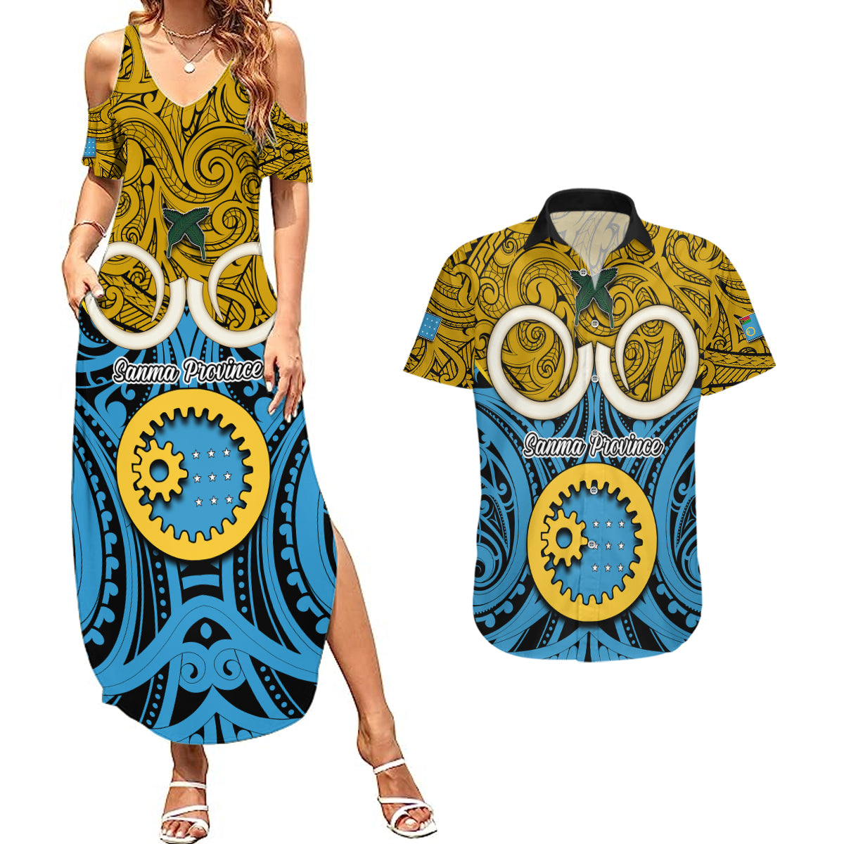 Vanuatu Sanma Province Couples Matching Summer Maxi Dress and Hawaiian Shirt Pig Tusk Mix Maori Pattern and Namele Leaf LT03 Blue - Polynesian Pride