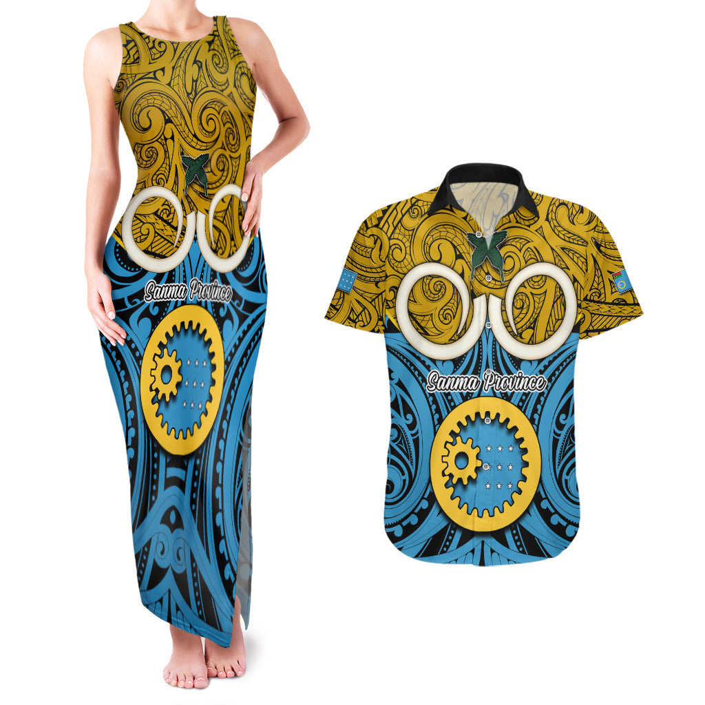 Vanuatu Sanma Province Couples Matching Tank Maxi Dress and Hawaiian Shirt Pig Tusk Mix Maori Pattern and Namele Leaf LT03 Blue - Polynesian Pride