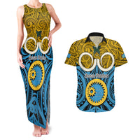 Vanuatu Sanma Province Couples Matching Tank Maxi Dress and Hawaiian Shirt Pig Tusk Mix Maori Pattern and Namele Leaf LT03 Blue - Polynesian Pride