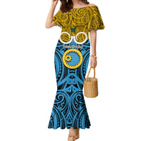 Vanuatu Sanma Province Family Matching Mermaid Dress and Hawaiian Shirt Pig Tusk Mix Maori Pattern and Namele Leaf LT03 Mom's Dress Blue - Polynesian Pride