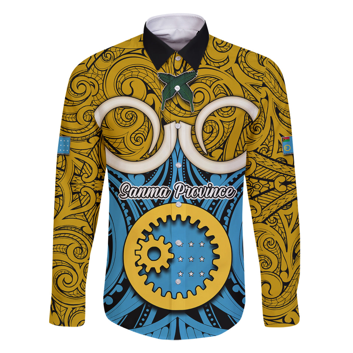 Vanuatu Sanma Province Family Matching Off Shoulder Maxi Dress and Hawaiian Shirt Pig Tusk Mix Maori Pattern and Namele Leaf LT03 Dad's Shirt - Long Sleeve Blue - Polynesian Pride