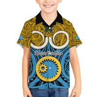 Vanuatu Sanma Province Family Matching Off Shoulder Short Dress and Hawaiian Shirt Pig Tusk Mix Maori Pattern and Namele Leaf LT03 Son's Shirt Blue - Polynesian Pride
