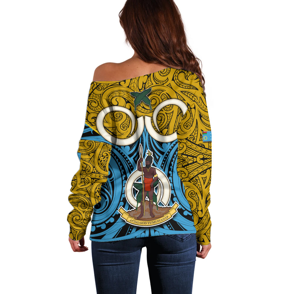 Vanuatu Sanma Province Off Shoulder Sweater Pig Tusk Mix Maori Pattern and Namele Leaf LT03 - Polynesian Pride