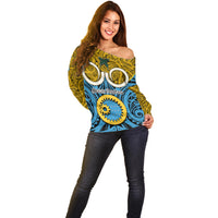 Vanuatu Sanma Province Off Shoulder Sweater Pig Tusk Mix Maori Pattern and Namele Leaf LT03 - Polynesian Pride