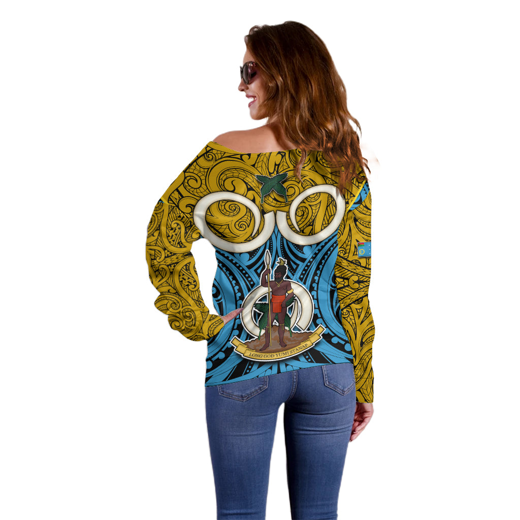 Vanuatu Sanma Province Off Shoulder Sweater Pig Tusk Mix Maori Pattern and Namele Leaf LT03 - Polynesian Pride