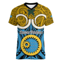 Vanuatu Sanma Province Women V Neck T Shirt Pig Tusk Mix Maori Pattern and Namele Leaf LT03 Female Blue - Polynesian Pride