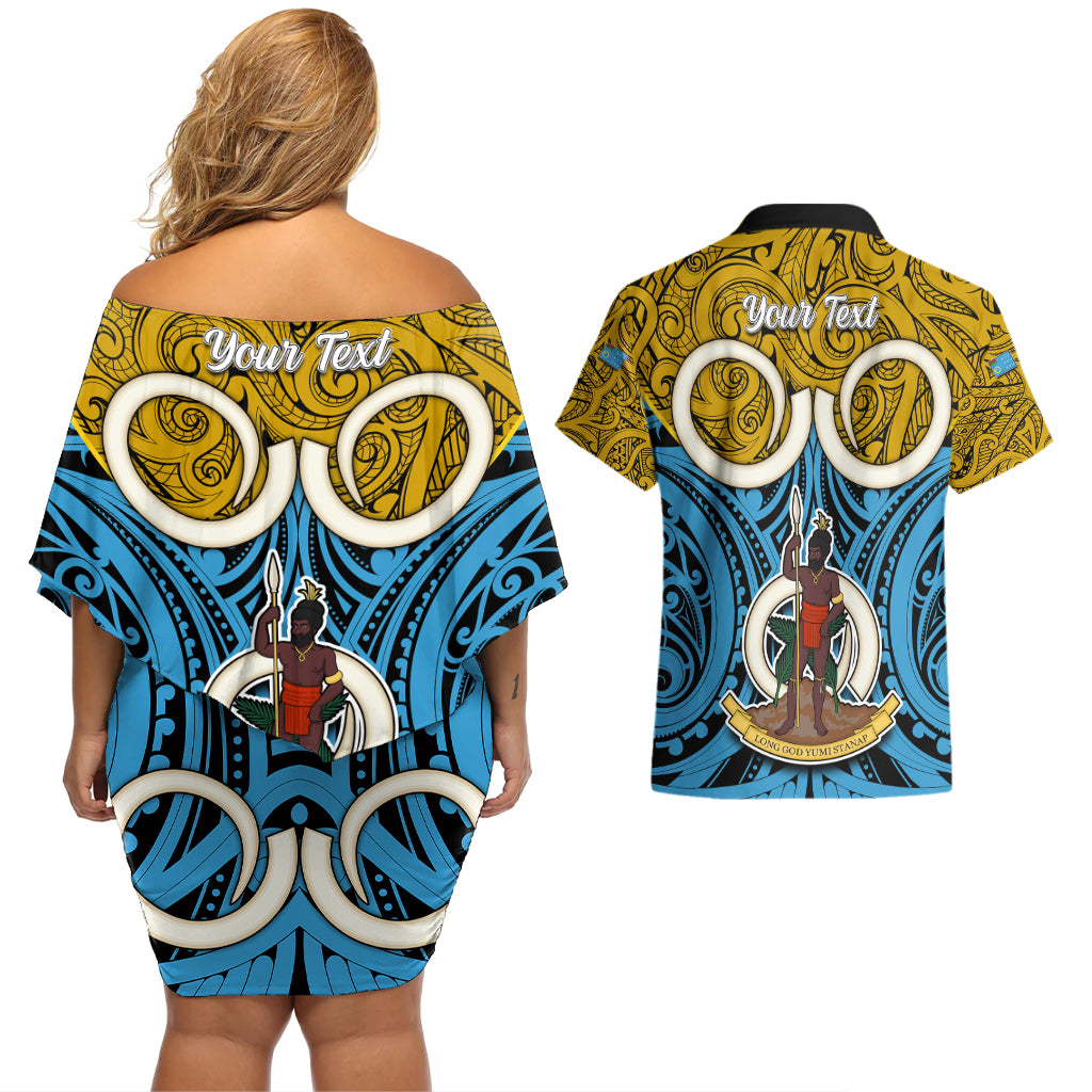 Personalised Vanuatu Sanma Province Couples Matching Off Shoulder Short Dress and Hawaiian Shirt Pig Tusk Mix Maori Pattern and Namele Leaf LT03 - Polynesian Pride