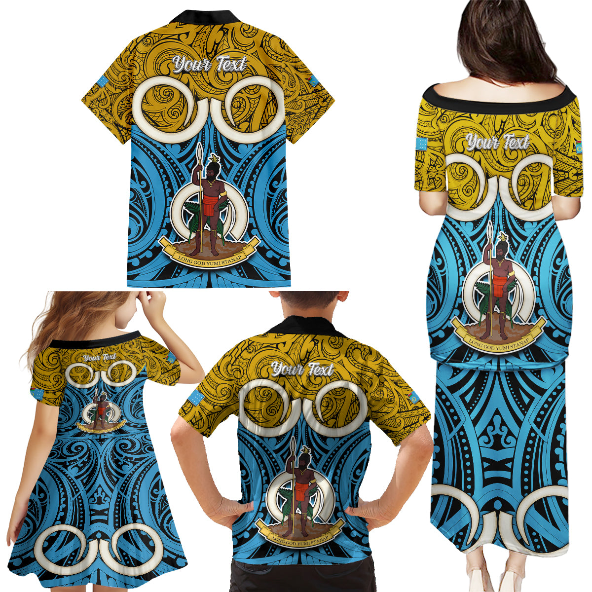 Personalised Vanuatu Sanma Province Family Matching Puletasi Dress and Hawaiian Shirt Pig Tusk Mix Maori Pattern and Namele Leaf LT03 - Polynesian Pride