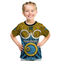 Personalised Vanuatu Sanma Province Kid T Shirt Pig Tusk Mix Maori Pattern and Namele Leaf LT03 Blue - Polynesian Pride