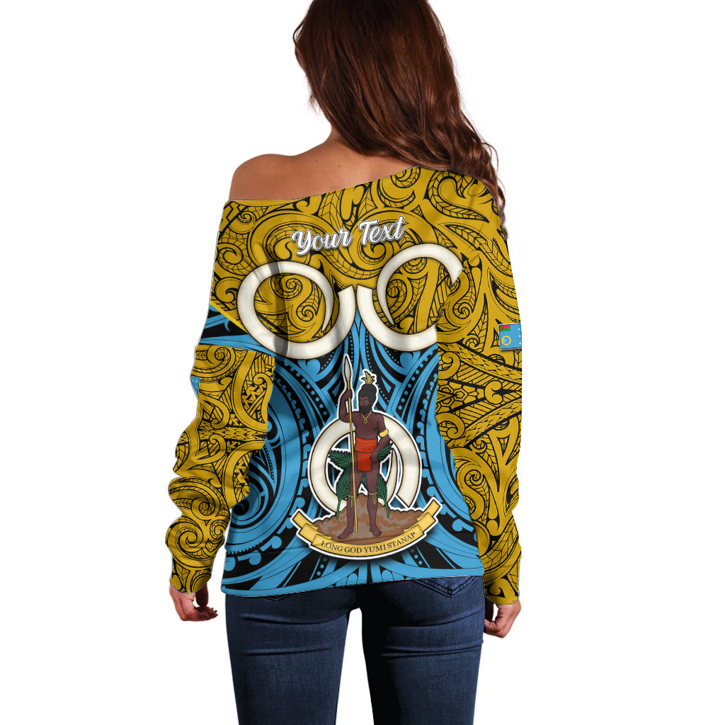 Personalised Vanuatu Sanma Province Off Shoulder Sweater Pig Tusk Mix Maori Pattern and Namele Leaf LT03 - Polynesian Pride