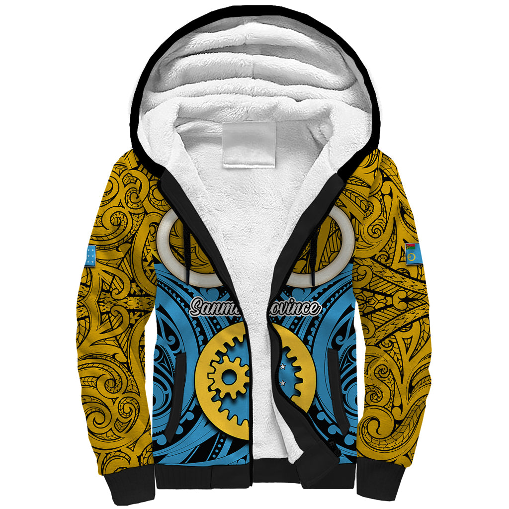 Personalised Vanuatu Sanma Province Sherpa Hoodie Pig Tusk Mix Maori Pattern and Namele Leaf LT03 Unisex Blue - Polynesian Pride