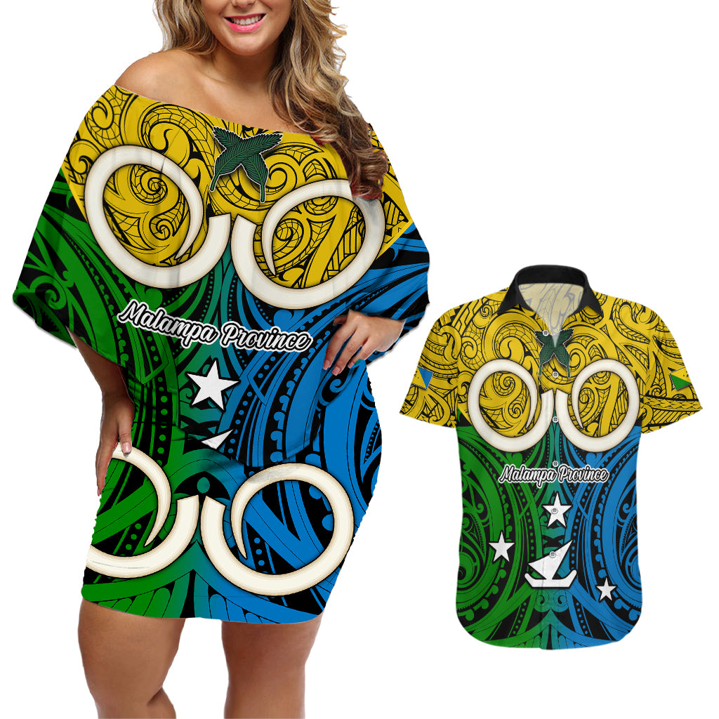 Vanuatu Malampa Province Couples Matching Off Shoulder Short Dress and Hawaiian Shirt Pig Tusk Mix Maori Pattern and Namele Leaf LT03 Yellow - Polynesian Pride