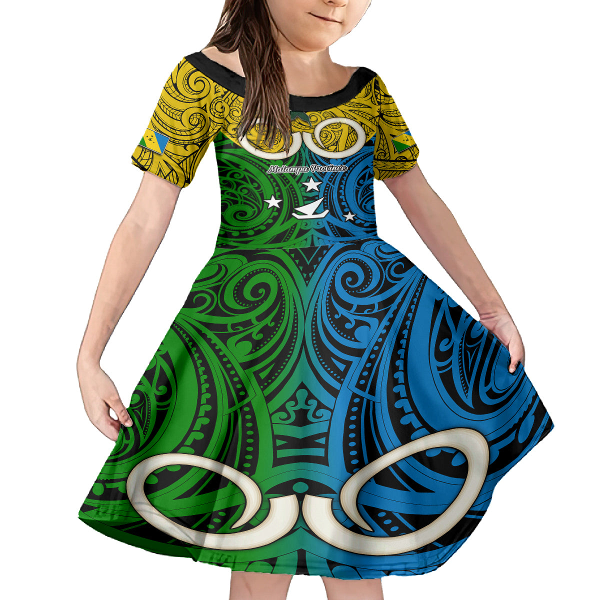 Vanuatu Malampa Province Family Matching Off Shoulder Short Dress and Hawaiian Shirt Pig Tusk Mix Maori Pattern and Namele Leaf LT03 Daughter's Dress Yellow - Polynesian Pride