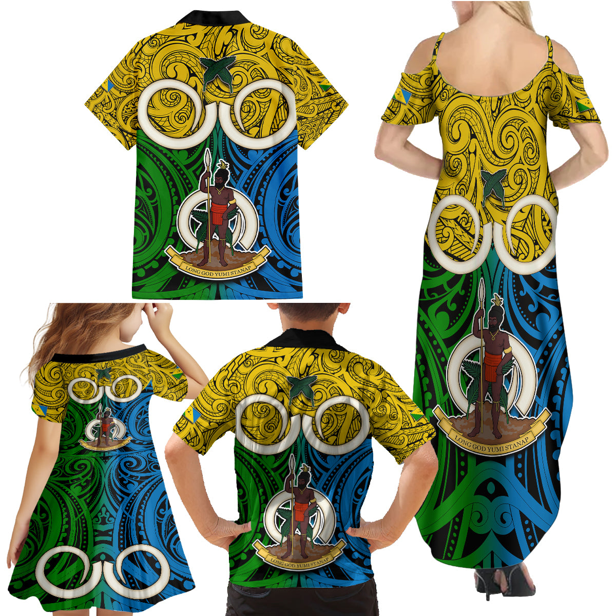 Vanuatu Malampa Province Family Matching Summer Maxi Dress and Hawaiian Shirt Pig Tusk Mix Maori Pattern and Namele Leaf LT03 - Polynesian Pride
