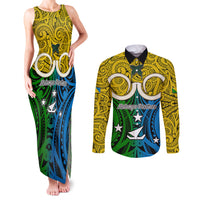 Personalised Vanuatu Malampa Province Couples Matching Tank Maxi Dress and Long Sleeve Button Shirts Pig Tusk Mix Maori Pattern and Namele Leaf LT03 Yellow - Polynesian Pride