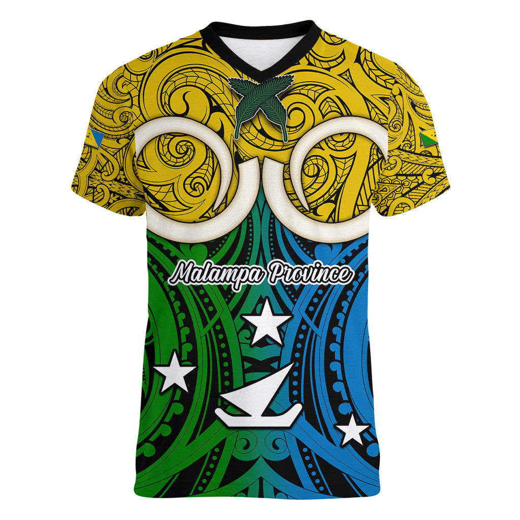 Personalised Vanuatu Malampa Province Women V Neck T Shirt Pig Tusk Mix Maori Pattern and Namele Leaf LT03 Female Yellow - Polynesian Pride