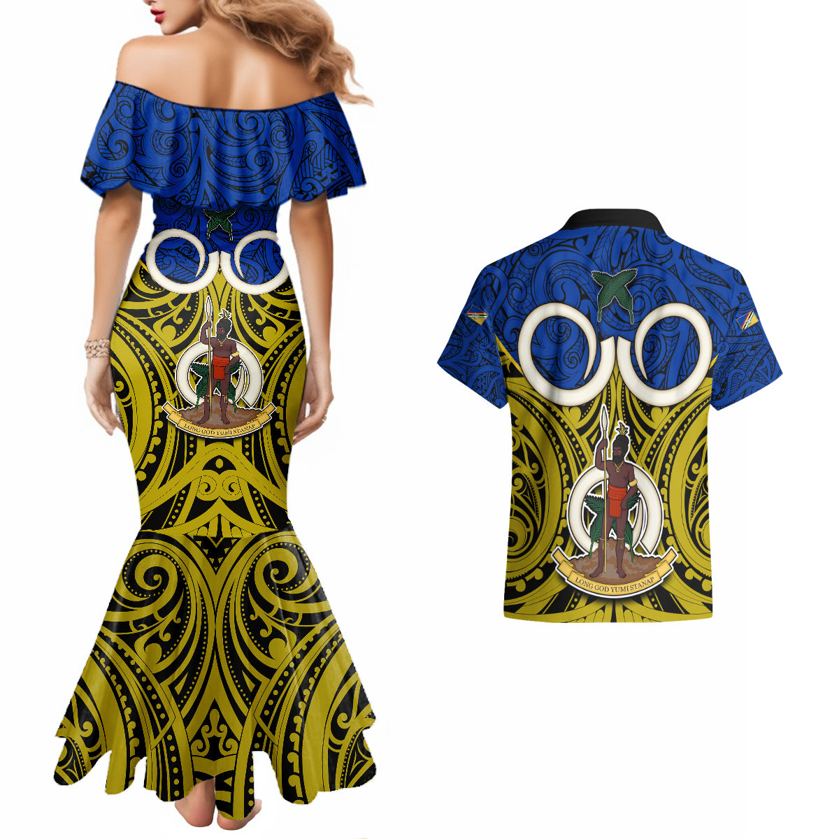 Vanuatu Torba Province Couples Matching Mermaid Dress and Hawaiian Shirt Pig Tusk Mix Maori Pattern and Namele Leaf LT03 - Polynesian Pride