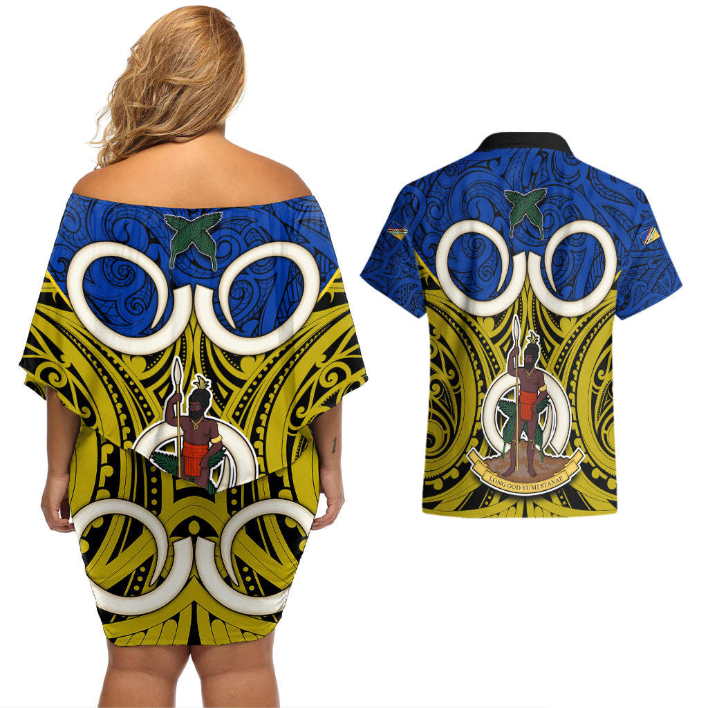 Vanuatu Torba Province Couples Matching Off Shoulder Short Dress and Hawaiian Shirt Pig Tusk Mix Maori Pattern and Namele Leaf LT03 - Polynesian Pride