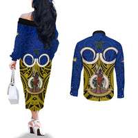Vanuatu Torba Province Couples Matching Off The Shoulder Long Sleeve Dress and Long Sleeve Button Shirts Pig Tusk Mix Maori Pattern and Namele Leaf LT03 - Polynesian Pride