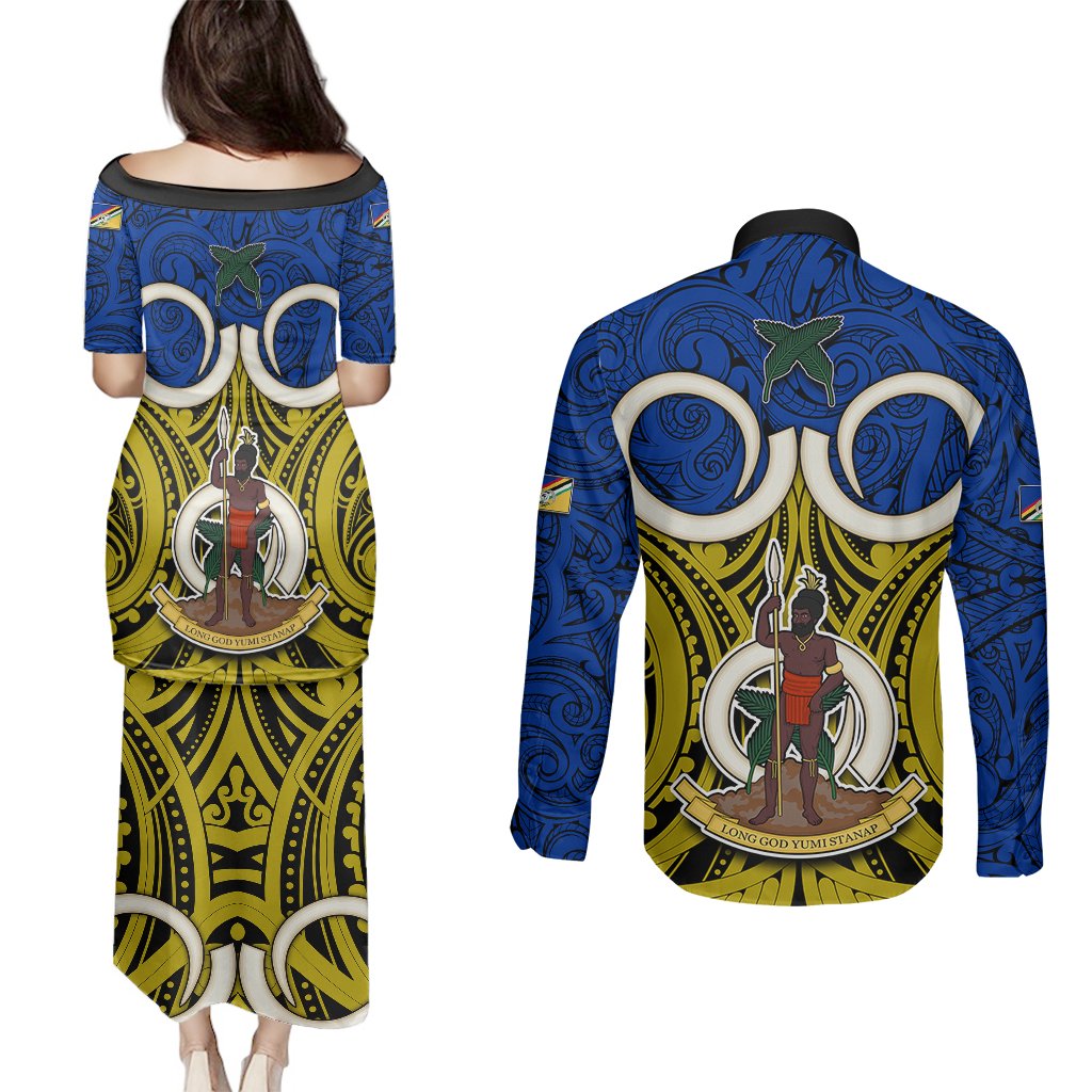 Vanuatu Torba Province Couples Matching Puletasi Dress and Long Sleeve Button Shirts Pig Tusk Mix Maori Pattern and Namele Leaf LT03 - Polynesian Pride