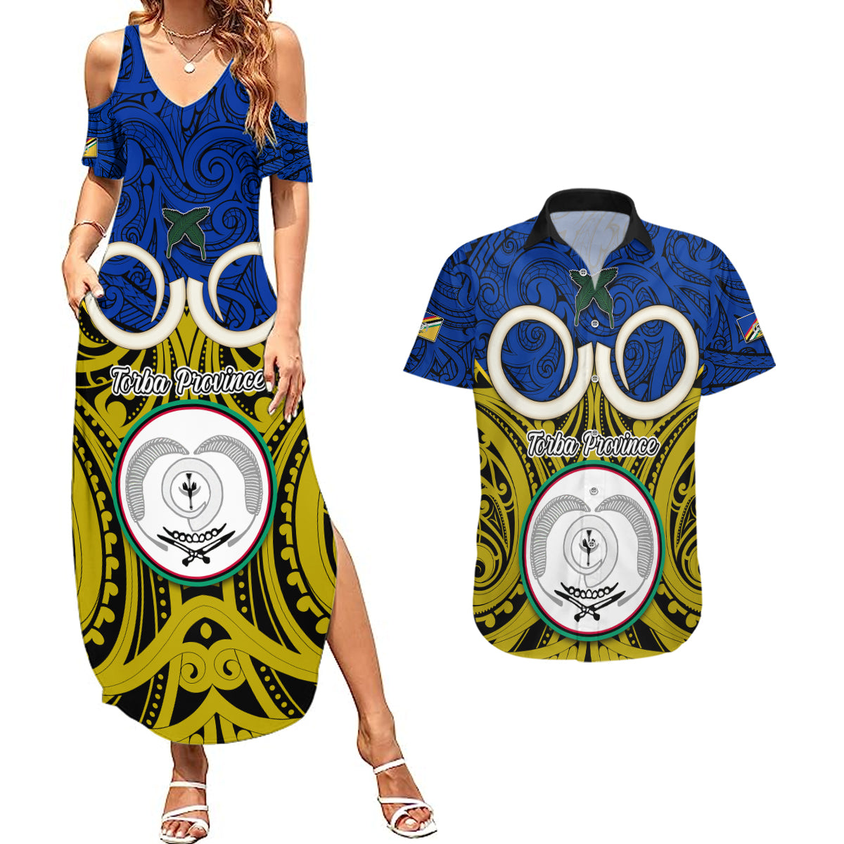 Vanuatu Torba Province Couples Matching Summer Maxi Dress and Hawaiian Shirt Pig Tusk Mix Maori Pattern and Namele Leaf LT03 Blue - Polynesian Pride