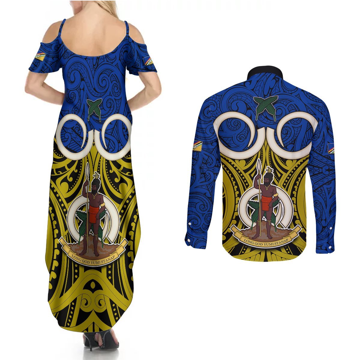 Vanuatu Torba Province Couples Matching Summer Maxi Dress and Long Sleeve Button Shirts Pig Tusk Mix Maori Pattern and Namele Leaf LT03 - Polynesian Pride