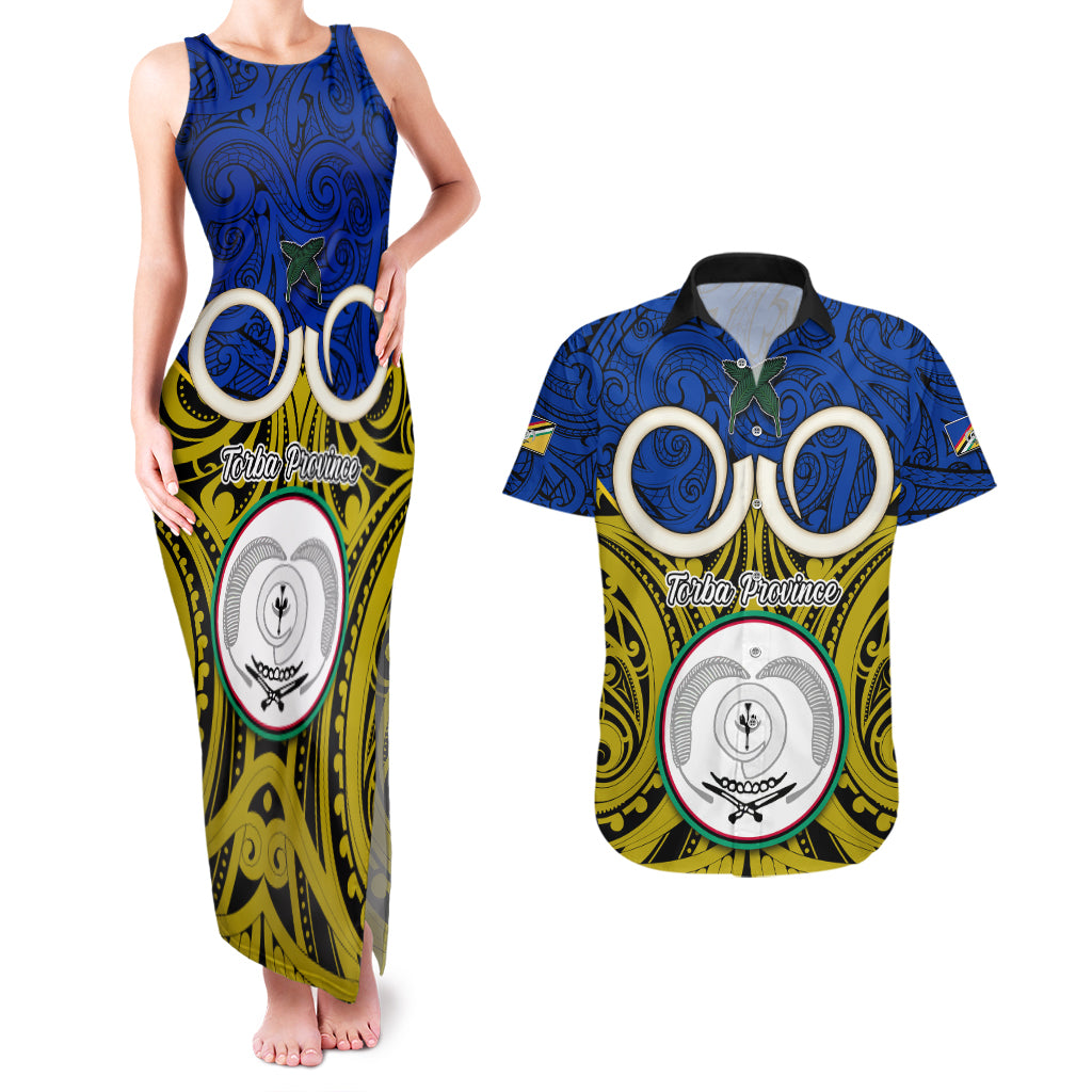 Vanuatu Torba Province Couples Matching Tank Maxi Dress and Hawaiian Shirt Pig Tusk Mix Maori Pattern and Namele Leaf LT03 Blue - Polynesian Pride