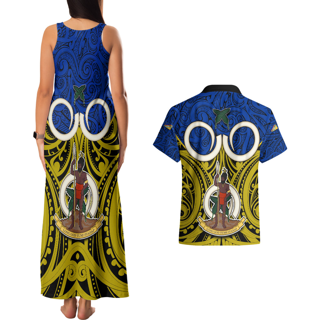 Vanuatu Torba Province Couples Matching Tank Maxi Dress and Hawaiian Shirt Pig Tusk Mix Maori Pattern and Namele Leaf LT03 - Polynesian Pride