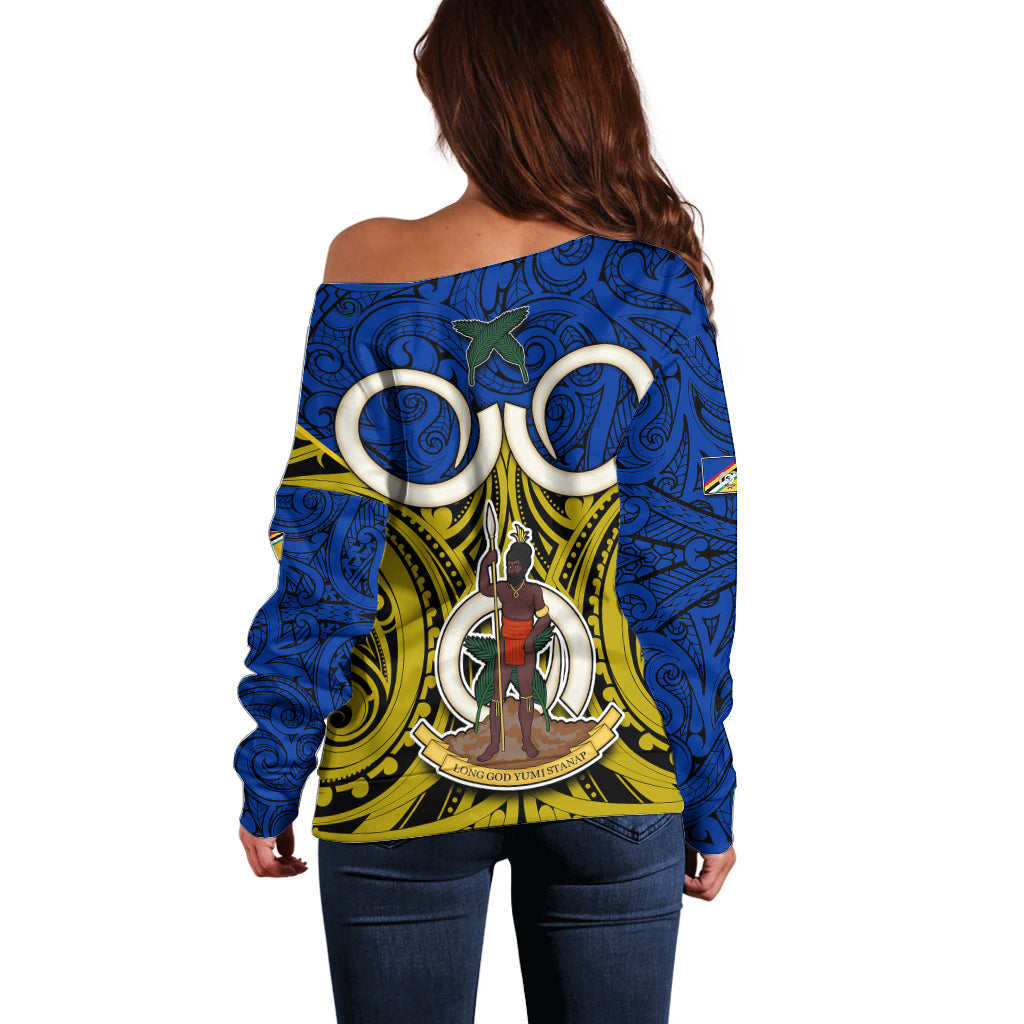Vanuatu Torba Province Off Shoulder Sweater Pig Tusk Mix Maori Pattern and Namele Leaf LT03 - Polynesian Pride