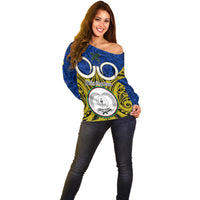 Vanuatu Torba Province Off Shoulder Sweater Pig Tusk Mix Maori Pattern and Namele Leaf LT03 - Polynesian Pride