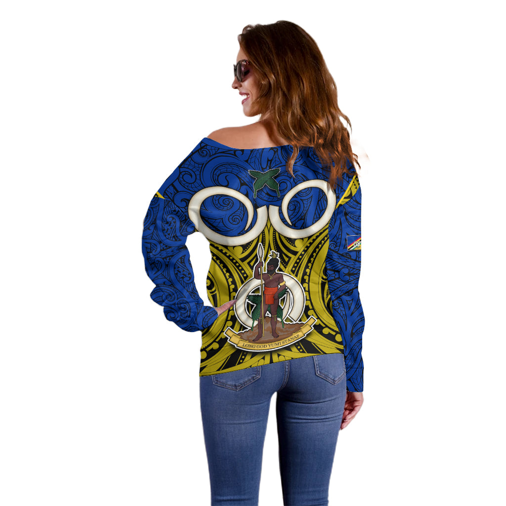 Vanuatu Torba Province Off Shoulder Sweater Pig Tusk Mix Maori Pattern and Namele Leaf LT03 - Polynesian Pride