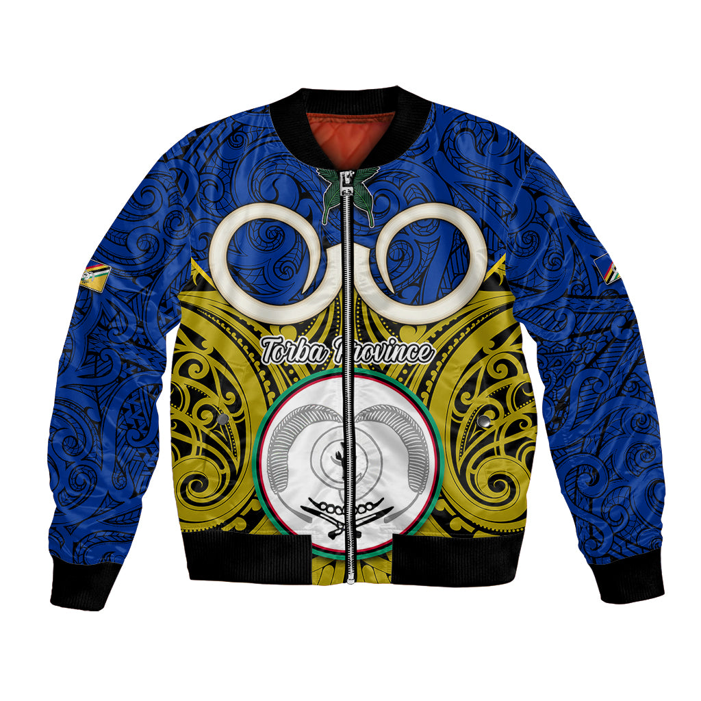 Personalised Vanuatu Torba Province Bomber Jacket Pig Tusk Mix Maori Pattern and Namele Leaf LT03 Unisex Blue - Polynesian Pride